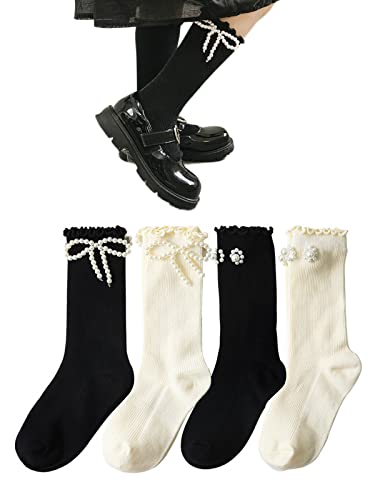 Little Kids Girl Princess Dress Socks with Pearl Bow Knee High Elegant Unique Mary Janes Socks Uniform Long Stockings