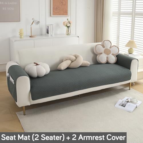 Image of HOKIPO Quilted 2 Seater Sofa Cover Set, One Seat Mat with Two Armrest Covers with Pockets, Grey (NEW-IN-720+IN-787-GRY*2)