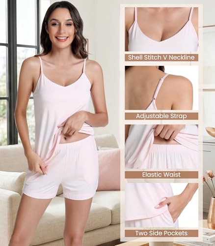 Image of NACHILA Women's Pajamas Set-Viscose Made from Bamboo, Cami Top Pajama Set Sleeveless Tops with Shorts Pjs Sets Cool Sleepwear