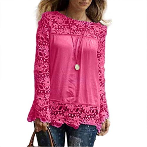 MORCHAN Chemise à Manches Longues pour Femmes Fashion Casual Blouse en Dentelle Tops en Coton lâche T-Shirt(FR-42/CN-XXL,Rose Vif)