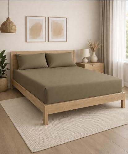 Image of THE HOME STYLE Solid Plain Cotton Feel Fitted Bedsheet (72x78 inches) with Reversible Comforter (90x100 inches) | King Size | 2 Pillow Covers | 300 TC | 4-Piece Bedding Set (Walnut)