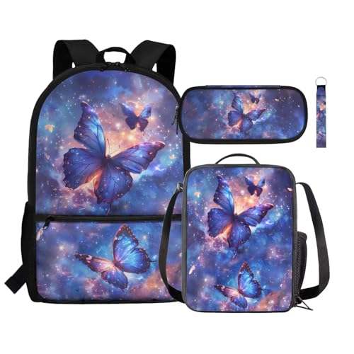 Zaino per bambini borsa termica per il pranzo portapenne astuccio da polso con cordino e portachiavi set 4 in 1 per il rientro a scuola Galaxy Space Farfalle Taglia unica Zaini Daypack