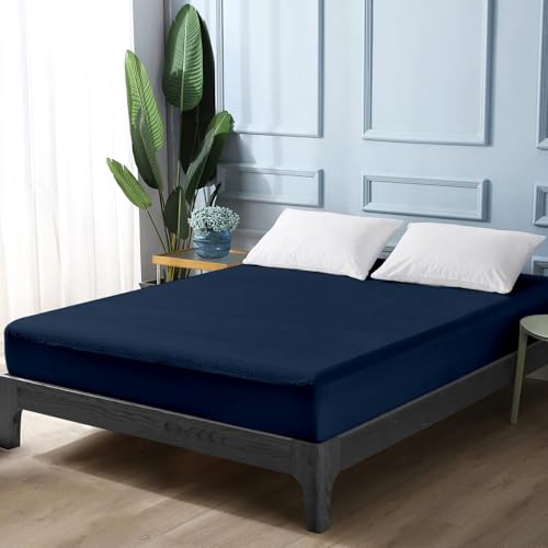 Image of Divine Casa 100% Waterproof Terry Cotton King Size Bed Mattress Protector, Vinyl-Free & Hypoallergenic, Washable Bed Protector for Home & Hotel Use (72 x 78 Inches, Navy Blue)