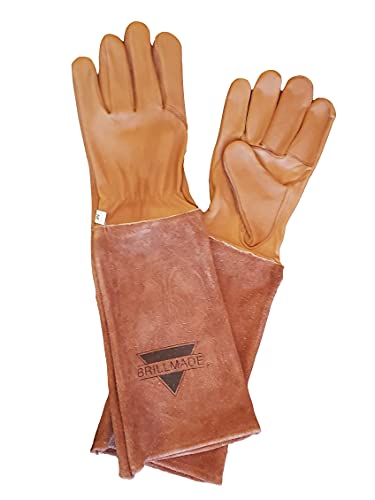 Brillmade - Rose Gloves | Thorn And Cut Resistant Garden & Yard Work | Long Leather Heavy Duty Elbow Length Gauntlet | Suitable For Thorny Bushes Cacti | Rose Pruning Gloves For Women (Me, Brown) #TOP5