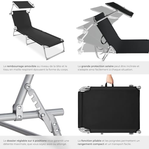 2 Chaises longues pliantes noires 4 positions TecTake