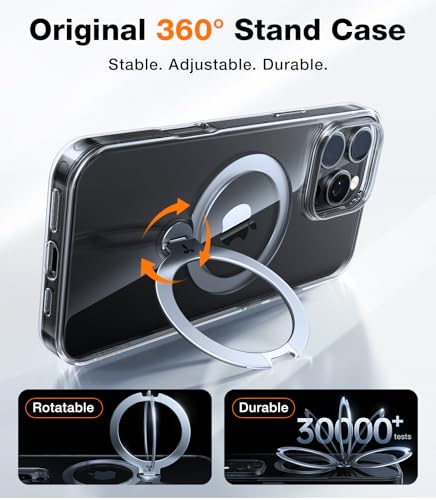 Image of TORRAS Q3 Spin for iPhone 16 Pro Case, 360 Magnetic Stand, Clear | Compatible with MagSafe, Built-in Kickstand, Camera Control, 4X Military-Grade Shockproof Translucent Phone Case for 16 Pro