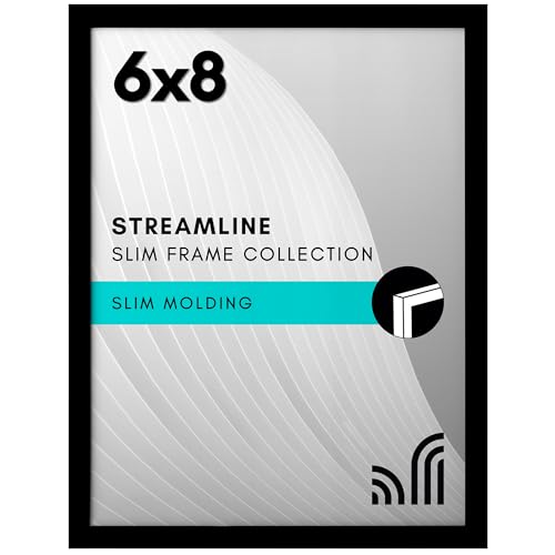 Americanflat 6x8 Picture Frame with Shatter-Resistant Glass - Streamline Collection - Thin Border Photo Frame for Tabletop and Wall Display - Hanging Hardware and Easel Stand Included - Black