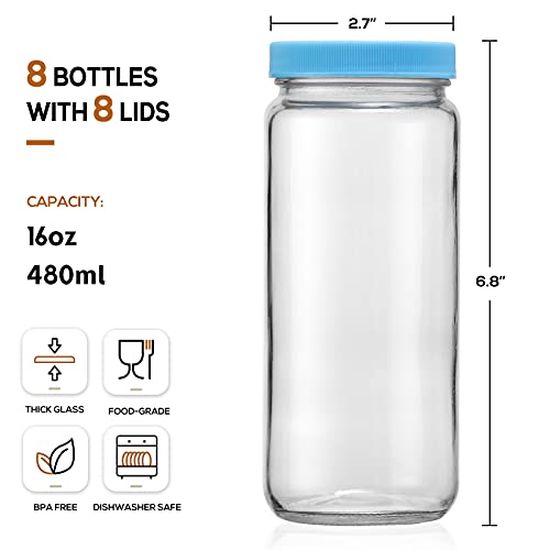 Aozita 8 Pack Glass Juicing Bottle Drinking Jars With 2 Straws & 2 Lids W Hole- 16 Oz Travel Water Cups With Colored Airtight Lids, Reusable Tall Mason Jar For Juice, Boba, Smoothie, Tea, Kombucha #TOP1