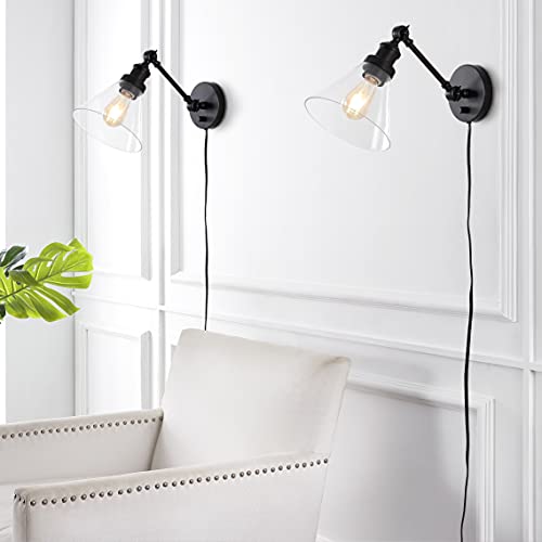 Image of JONATHAN Y 8 inch Oil Rubbed Bronze Adjustable LED Wall Sconce, Plug-in Wall Lamp with Dimmer Switch, Clear Glass Shade for Bedroom Living Room Kitchen, LED Bulb Included (JYL7575A-SET2)