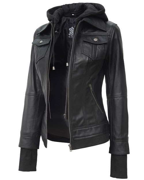 Decrum Hooded Leather Jacket Women - Real Lambskin Leather Bomber Jacket Women with Detachable Hood: Black - Betty Leather Jacket With Hood Small