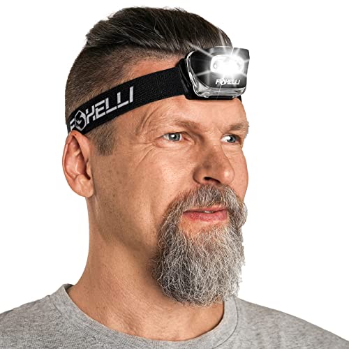 Foxelli Headlamp Battery Powered, IPX5 Waterproof, 45-Hour Runtime - Lightweight 3.2oz LED Head Lamp with White & Red Light, 5 Modes, Head Lights for Forehead, 3 AAA Included