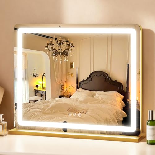 Image of ROLOVE Vanity Mirror with Lights, Lighted Vanity Mirror with Dimmable 3 Modes, LED Makeup Mirror, Touch Screen Control, for Makeup Desk, Dressing Room, Gold, 23x19 Inch