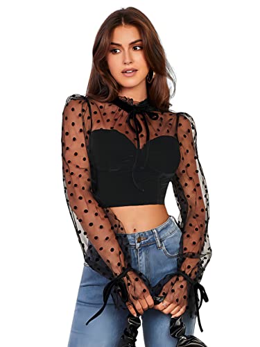 トップス sheer hook choker tops WDIRARA Women's Polka Dots Sheer Dobby Mesh Tie Neck Ruffle