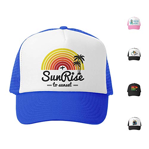 Grom Squad Kids Trucker Hat - Mesh Adjustable Baseball Cap for Boys & Girls - Baby, Infant, Toddler, School-Age Sizes (2-5yrs (Big), Sunrise to Sunset, Royal/White)