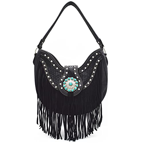 Western Style Fringe Conchos Gem Rhinestone Studded Woven Leather Purse Country Handbag Women Shoulder Bag Wallet Set2
