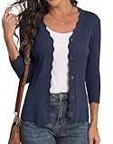 GRECERELLE Cardigans for Women UK 3/4 Sleeve Scalloped Edge Ribbed Knit Ladies Cardigan Lightweight Slim Fit Button Down Women's Cardigans (Navy Blue, L)