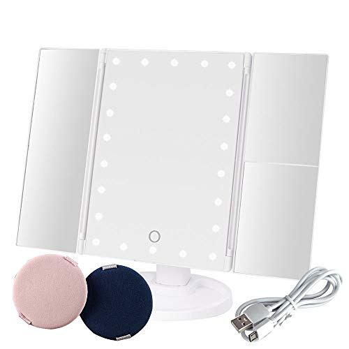 [Dernière Version Miroir Maquillage] Miroir Grossissant Triptyque avec 22 LED, Miroir Lumineux 3X/2X avec Ecran Tactile, Alimentation Double, Rotation Réglable à 180 ° Coiffeuse Miroir de Table, Blanc Cover