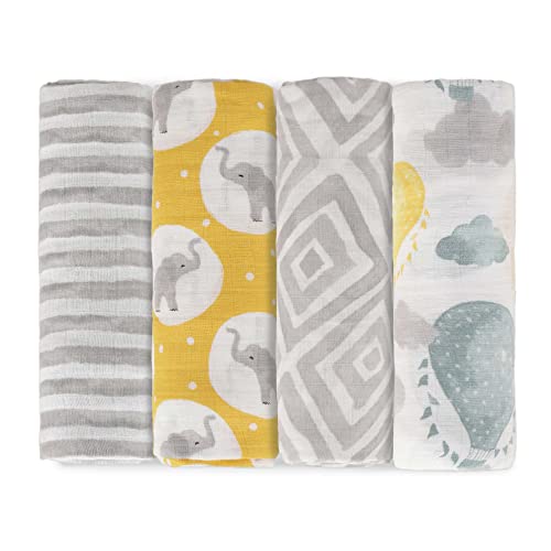 Image of Featherhead™ 4-Pack 100% Cotton Muslin Swaddle Blankets for Baby Girl - Large 47”x 47” - Pre-Washed, Soft, & Breathable - Newborn Essential & Perfect Baby Registry Gift (4 Pack - Grey Elephant)