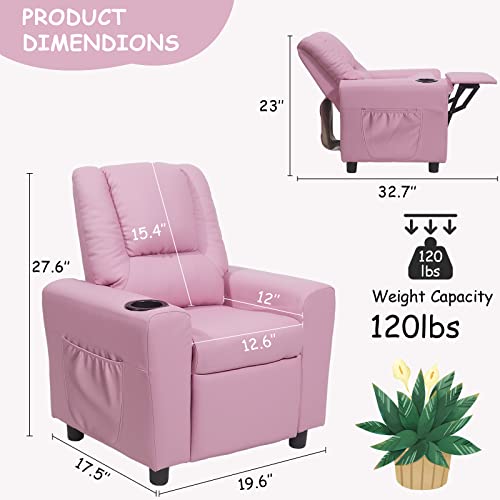 Chizzysit Kids Recliner Chair With Cup Holder, Toddler Recliner For Kids Age 0-5 With Side Pockets And Armrest, Small Child Sofa For Children Bedroom,Living Room, Pink Recliner For Girls And Boys #TOP2