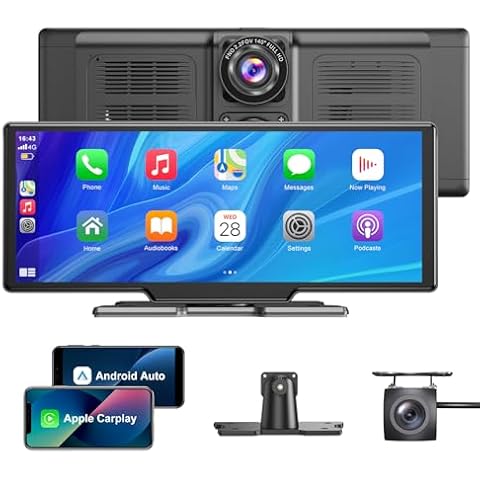 ESSGOO A-pple CarPlay & Android Auto,10.26 inch IPS Carplay Display,with 4K dashcam,1080P Rear View Camera,carplay auto with Bluetooth 5.0/FM/Siri/G-oogle/Mirror Link/64G TF/AUX Cover