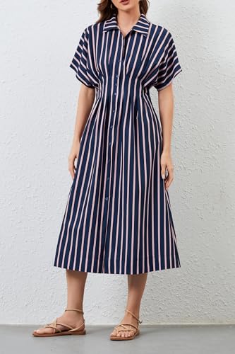 Image of Women Striped Button Down Shirt Maxi Dresses Summer Pleated Short Sleeve Collar Casual Corset Long Dress