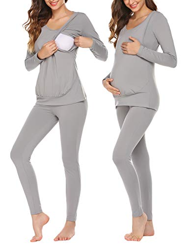 Ekouaer Maternity Nursing Thermal Underwear Pajamas set knit Winter Pjs Set Long John Set Base Layer for Pregnant Women