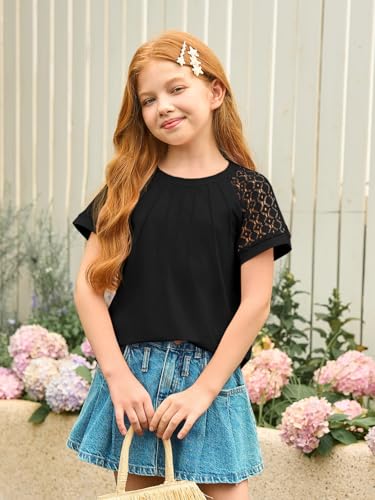 Image of Girls Pleated T Shirts Kids Fashion Lace Sleeve Summer Tops 5-14 Years | Casual Crewneck Blouse,Fashion Clothes