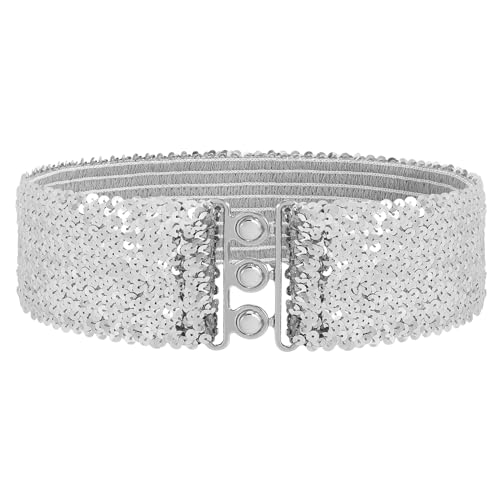 SUOSDEY Sequin Elastic Wide Belts for Women Sparkly Glitter Stretch Disco Belt for Dresses 70s 80s Costume Party