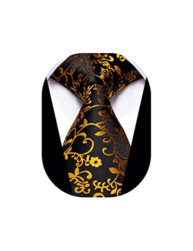 Image of YourTies Black Gold Ties for Men Silk Floral Men's Necktie Woven Jacquard Formal Business Party Wedding Designer