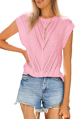 Image of Langwyqu Womens Cap Sleeve Tops Summer Crew Neck Shirt Lightweight Crochet Knit Sweater