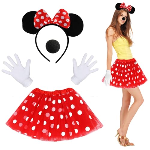 Hillylolly Disfraz de Minnie Mouse Niña Adulto, Minie Falda Disfraz Niña, Mujer Carnaval, Ratón, Costume, incluir Tutu Rojo con Lunares Mujer, Diadema Orejas, Guantes Blancos, Nariz Payaso Espuma