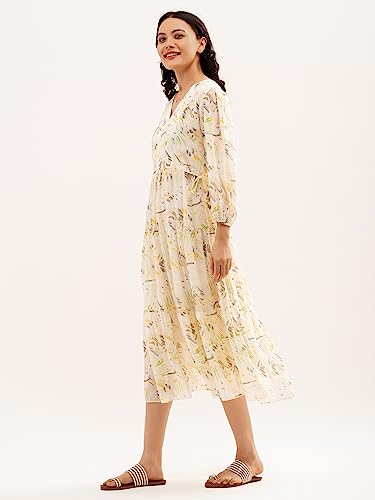 Image of AASK Abstract Printed Puff Sleeve Gathered Detailed Fit Flare Dress