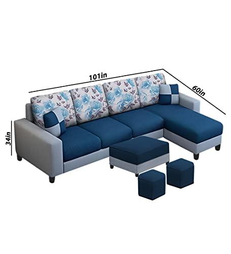 Image of Orland 6 Seater RHS Sofa with Center Table & 2 Puffy | Color - Blue Grey