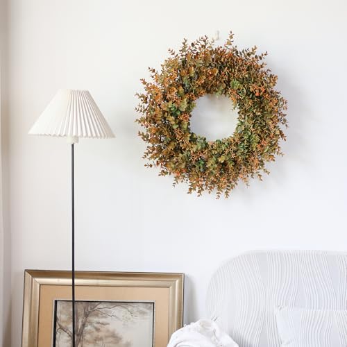 Image of 26 inchArtificial Eucalyptus Wreath with Seed for Front Door Decor(Fall Orange)