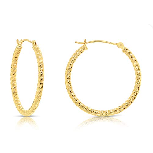 14k Yellow Gold Spiral Textured Round Hoop Earrings, 2mm thickness - Main Image