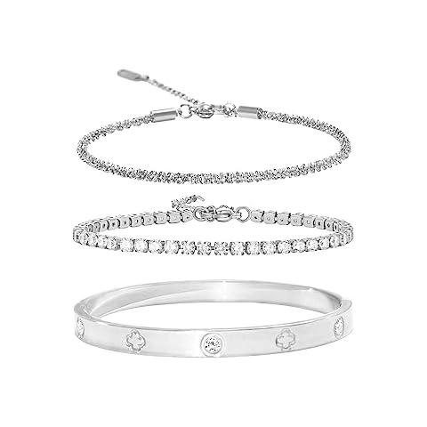 DOSMINE Silver Bangle Bracelet Link Bracelets with Cubic Zirconia Diamond Stainless Steel Bracelet Silver Bracelets Friendship Bracelets Diamond Tennis Bracelet Jewelry Gifts for Women Cover