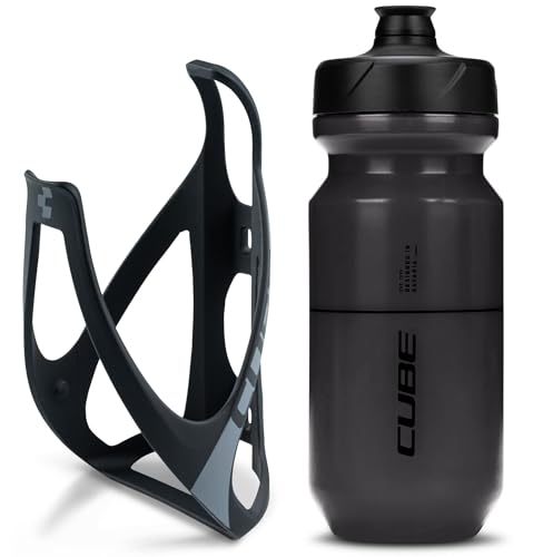 Cube HPP Cage - Matt Black/Grey & Flow Bottle - Black, 500ml / Water Drink Flask Vessel Bidon Holder Mount Bracket Kit Lightweight Plastic Drinking Hydration Biking Bike Riding Frame Accessories