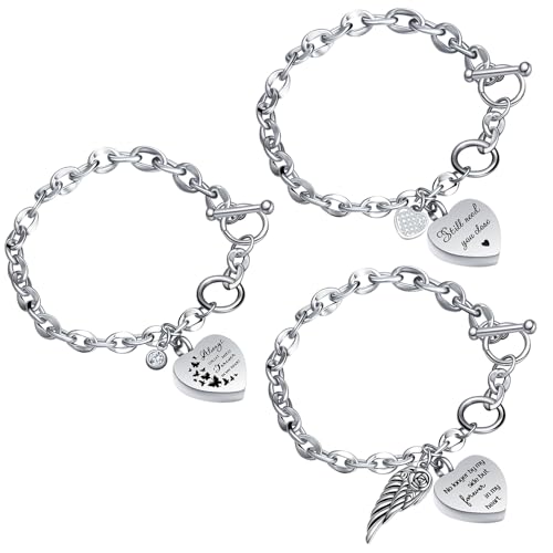 3 Pack Urn Bracelet for Ashes Cremation Ashes Bracelet Memorial Rhinestones Jewelry Heart Locket Holder with Different Words Stainless Steel Urns Bangle Keepsake for Women Men