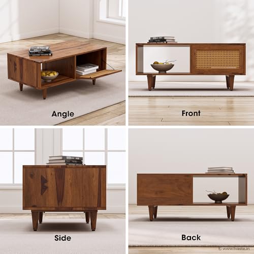 Image of Bhawo Solid Sheesham Wood Coffee Table & Center Table for Living Room with Rattan Cane Lift-Down Shutter & Open Shelf, Solid Wooden Teapoy for Sofa with Storage (Honey Finish)