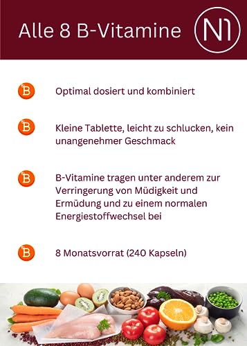 N1 Vitamin B Komplex hochdosiert - 240 vegane Tabletten - nur 1x tgl. - 8 Monats-Vorrat - alle 8 B Vitamine in einer Tablette - beste Bioverfügbarkeit – Bild 3