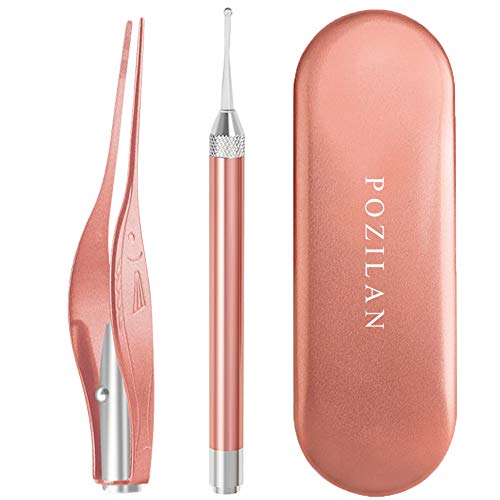 2 Pcs Ear Wax Removal Tool with Light - Ear Pick Cleaner Kit for Kids and Adults, Earwax Spoon Digger & Tweezers for Ear Health Care Gift Set with Case (Rose Gold)
