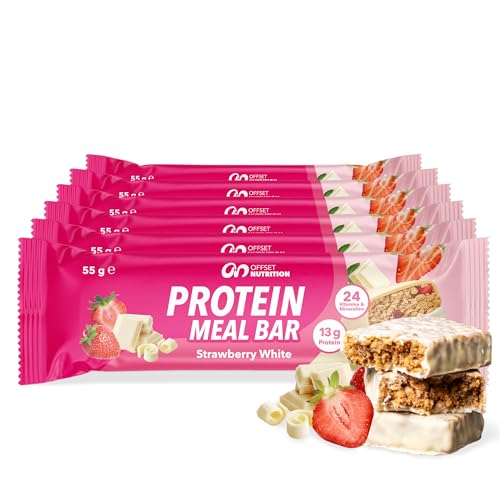 OFFSET Nutrition Protein Riegel Strawberry White 6x55G [Bis zu 13G Eiweiß pro Proteinriegel] mit 24 Nährstoffen & Mineralien | Nur 206 KCAL pro Eiweißriegel | Glutenfrei