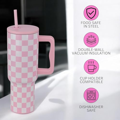 Image of Tumbler with lid and Straw 1200ML Cup Stainless Steel Insulated Cup for Water, Iced Tea or Coffee 1.2L Office Gym Travelling; Tumbler with Straw. (40-Oz-Pink Checks)