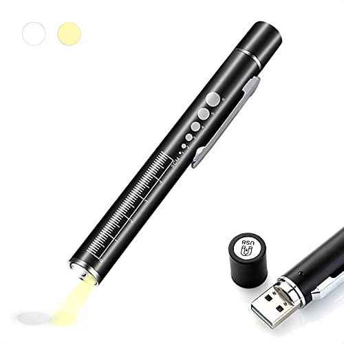 ALEOED USB Rechargeable Pen Light Black Reusable LED Penlight for Students Doctors Nurses with 2 Light LED Sources, Extra Warm Light Bulb, Pocket Clip