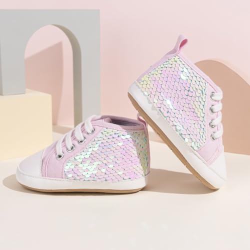 Babelvit Baby Boy Girl Soft Sole Canvas Sneakers Sparkle High Top Lace Up Infant Unisex Ankle Shoes Boots Toddler Newborn Prewalker First Baby Walking Crib Shoes4