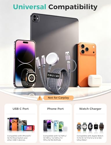 Image of 2026 Travel Essentials for Apple Watch Charger,Cruise Vacation Camping Essentials,iPhone Charger,Multi Charging Cable,3 in 2 Charging Docks for iWatch Series 11-2 /Ultra,iPhone 17-12,Car (Pack of 3)