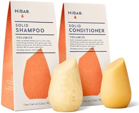 HiBAR - Volumize Shampoo & Conditioner Set - For Fine, Flat Hair - Add Body, Definition & Volume - African Dates & Vitamin B5 - Plastic, Soap, Paraben & Sulfate-Free - Color Safe & Vegan -2 Solid Bars