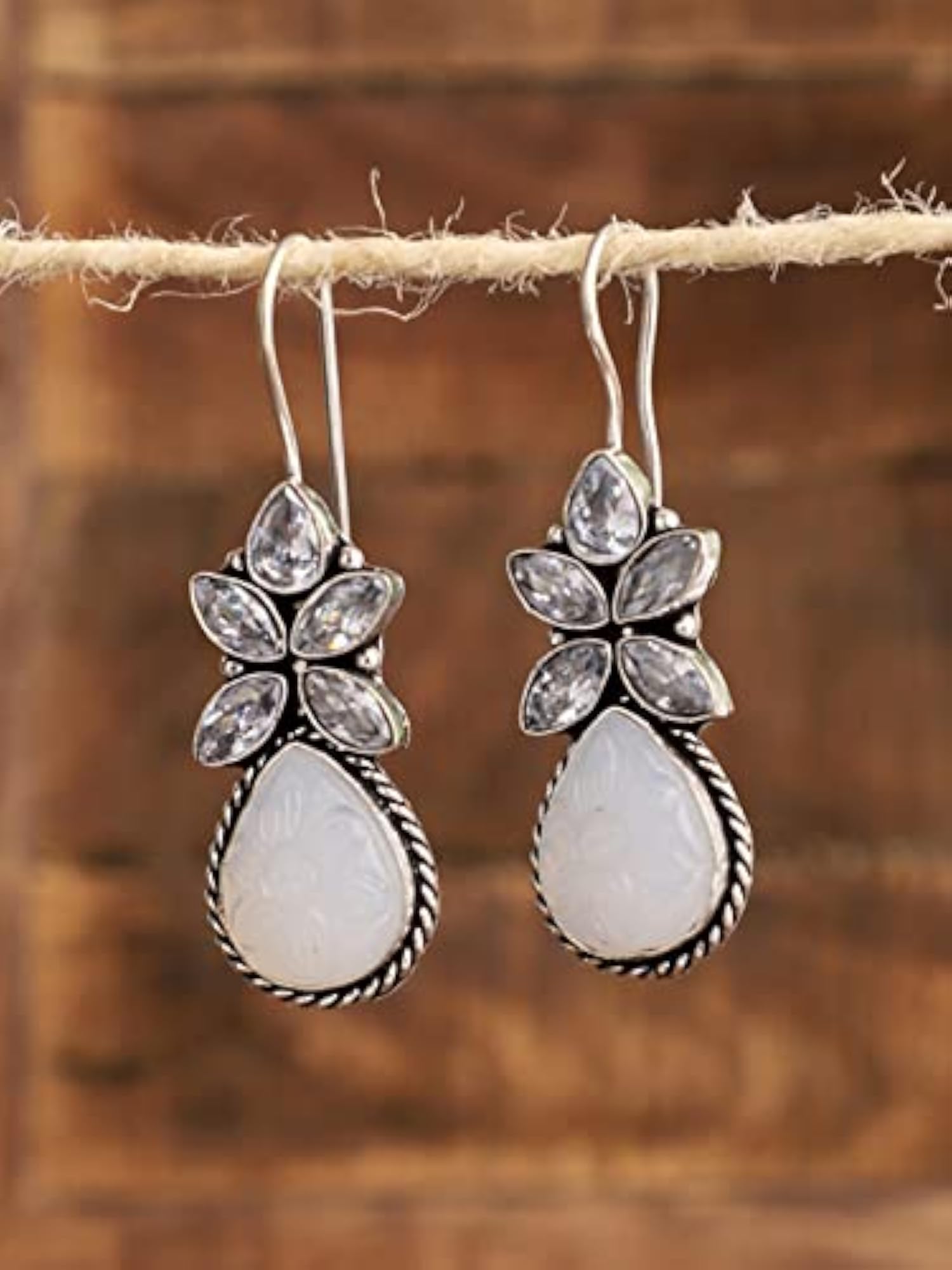 Oxidized AD Stone White Druzy Fish Hook Earrings for Women