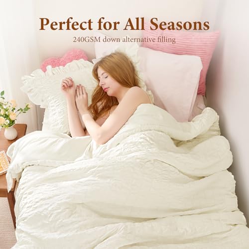 Image of JOLLYVOGUE Ivory Twin /Twin XL Comforter Set, 2 Pieces Seersucker Lightweight Fluffy Bedding Set, Twin Ruffle Comforter, All Season Soft Microfiber Shabby Chic Bed Set