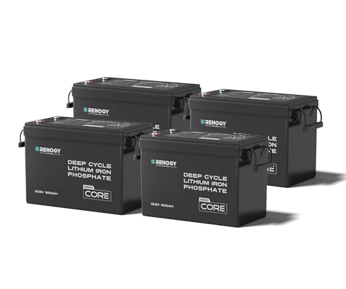Image of Renogy 4PCS 12V 300Ah LiFePO4 Lithium Battery Mini Size, 200A BMS with Low-Temperature Cut-Off, Deep Cycle Remote Monitoring, for RV, Cabin, Marine, 1200ah LiFePO4 Lithium Battery - Core Series